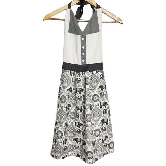 Envogue Bohemian Elephant Cotton Cooking Apron Grey & White - Picture 1 of 6